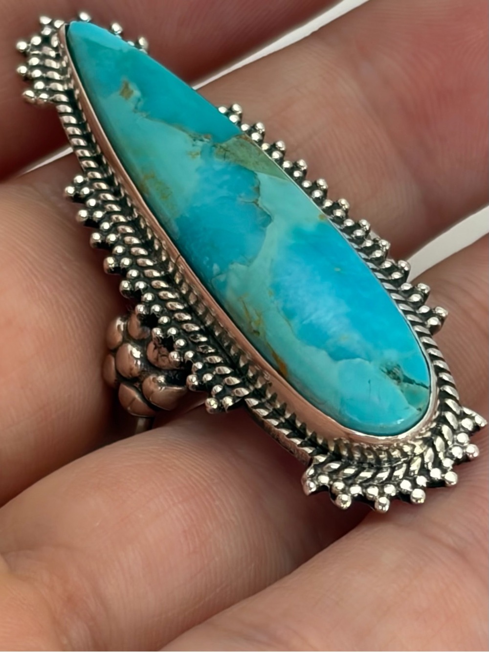 Long Sterling Silver 925 Kingman Mohave Turquoise Ring Size 7 Handmade New